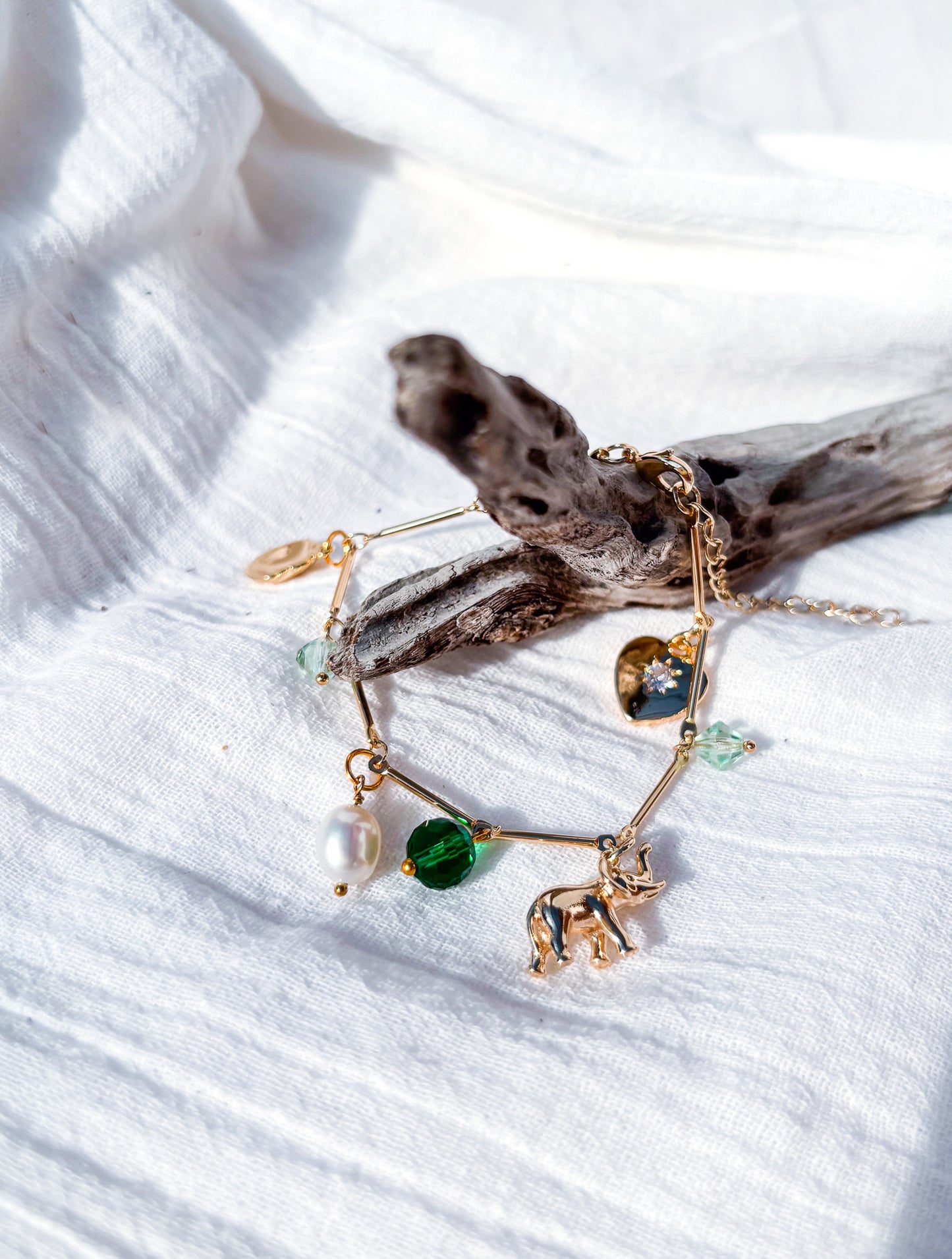 Gold Charm Bracelet with Handmade Charms, Freshwater Pearls & Green Crystals - Beadsmith