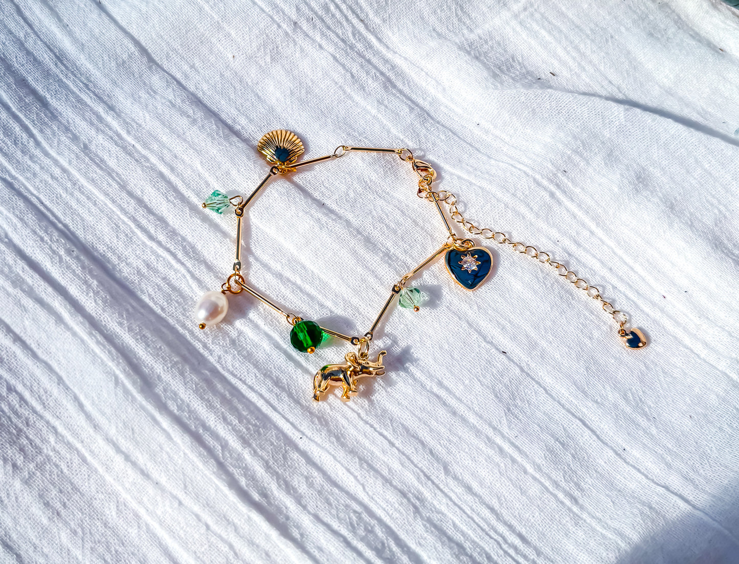 Gold Charm Bracelet with Handmade Charms, Freshwater Pearls & Green Crystals - Beadsmith