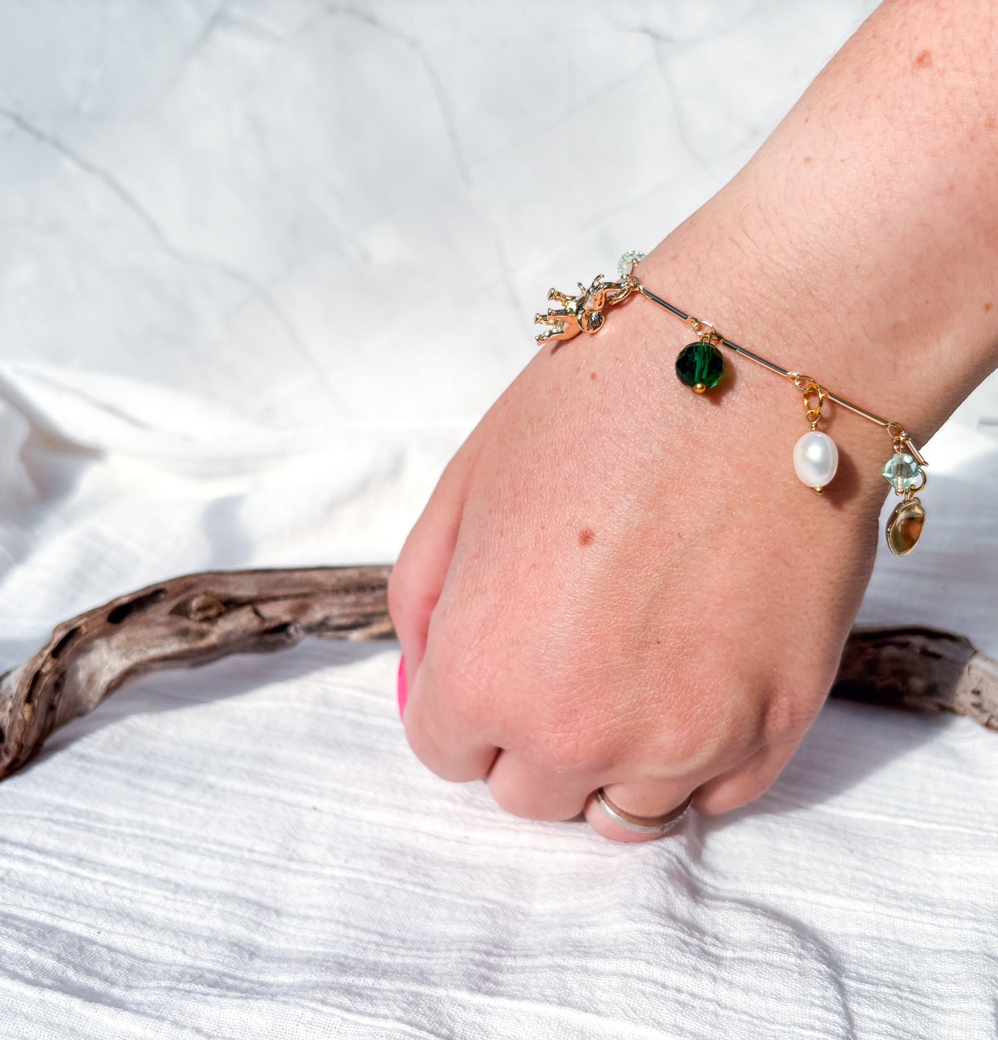 Gold Charm Bracelet with Handmade Charms, Freshwater Pearls & Green Crystals - Beadsmith