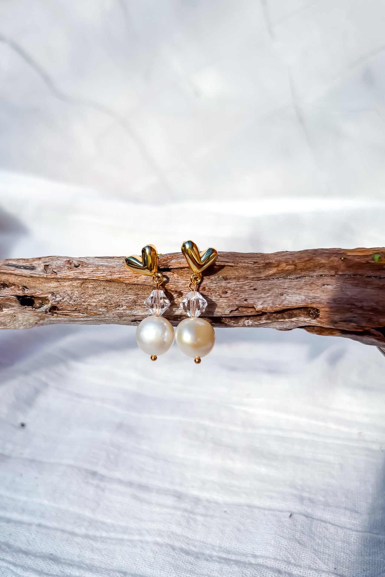 Freshwater Pearl & Crystal Drop Earrings on Gold Heart Studs - Beadsmith