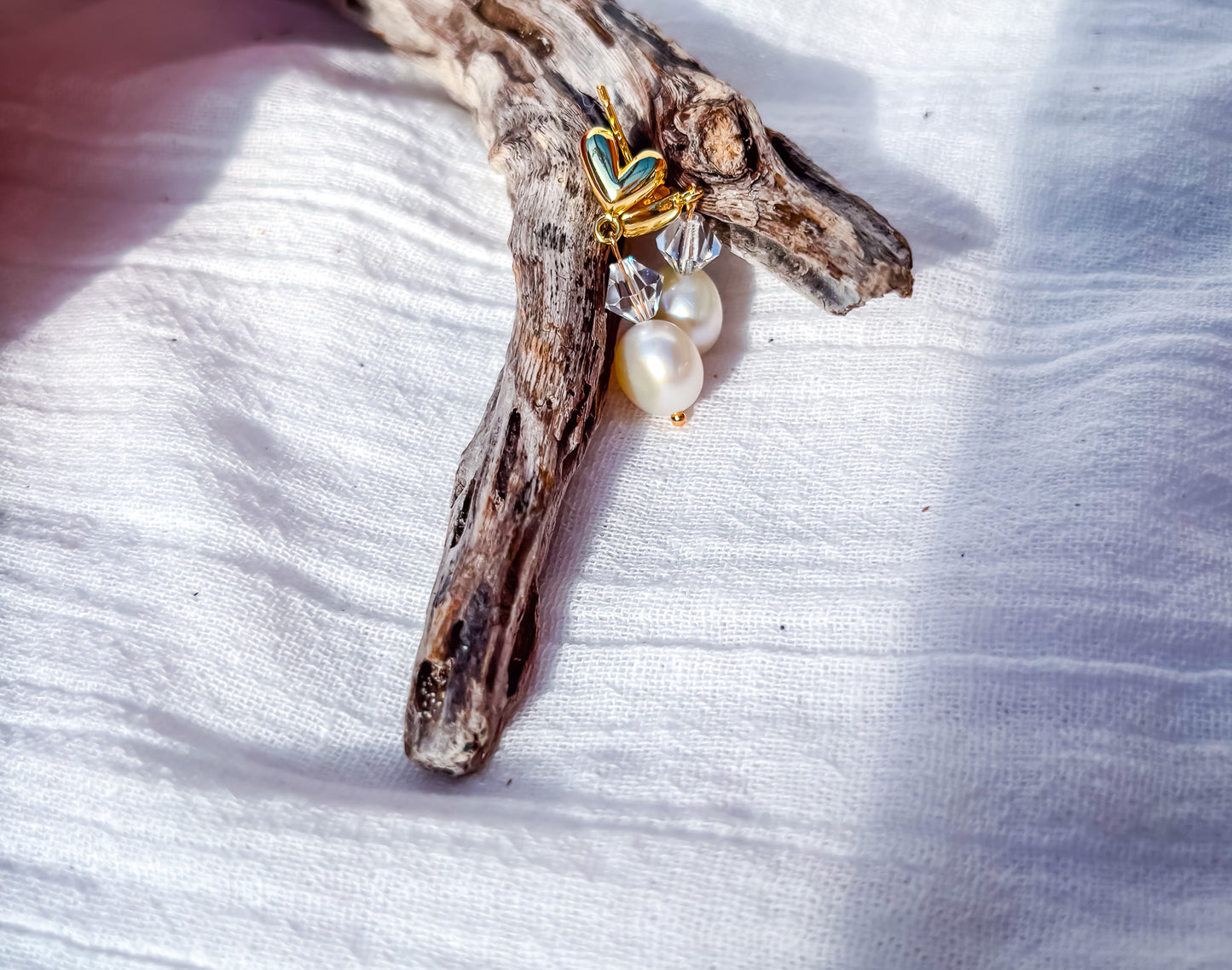 Freshwater Pearl & Crystal Drop Earrings on Gold Heart Studs - Beadsmith