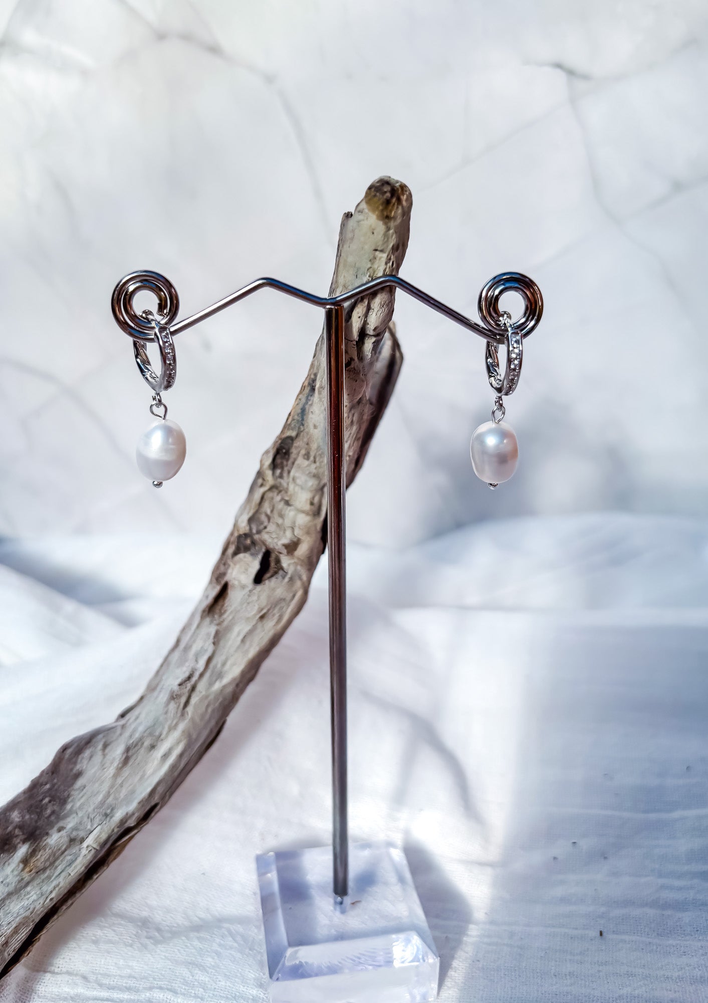 Elegant freshwater pearl drop earrings on Sterling Silver diamanté huggie hoops - Beadsmith