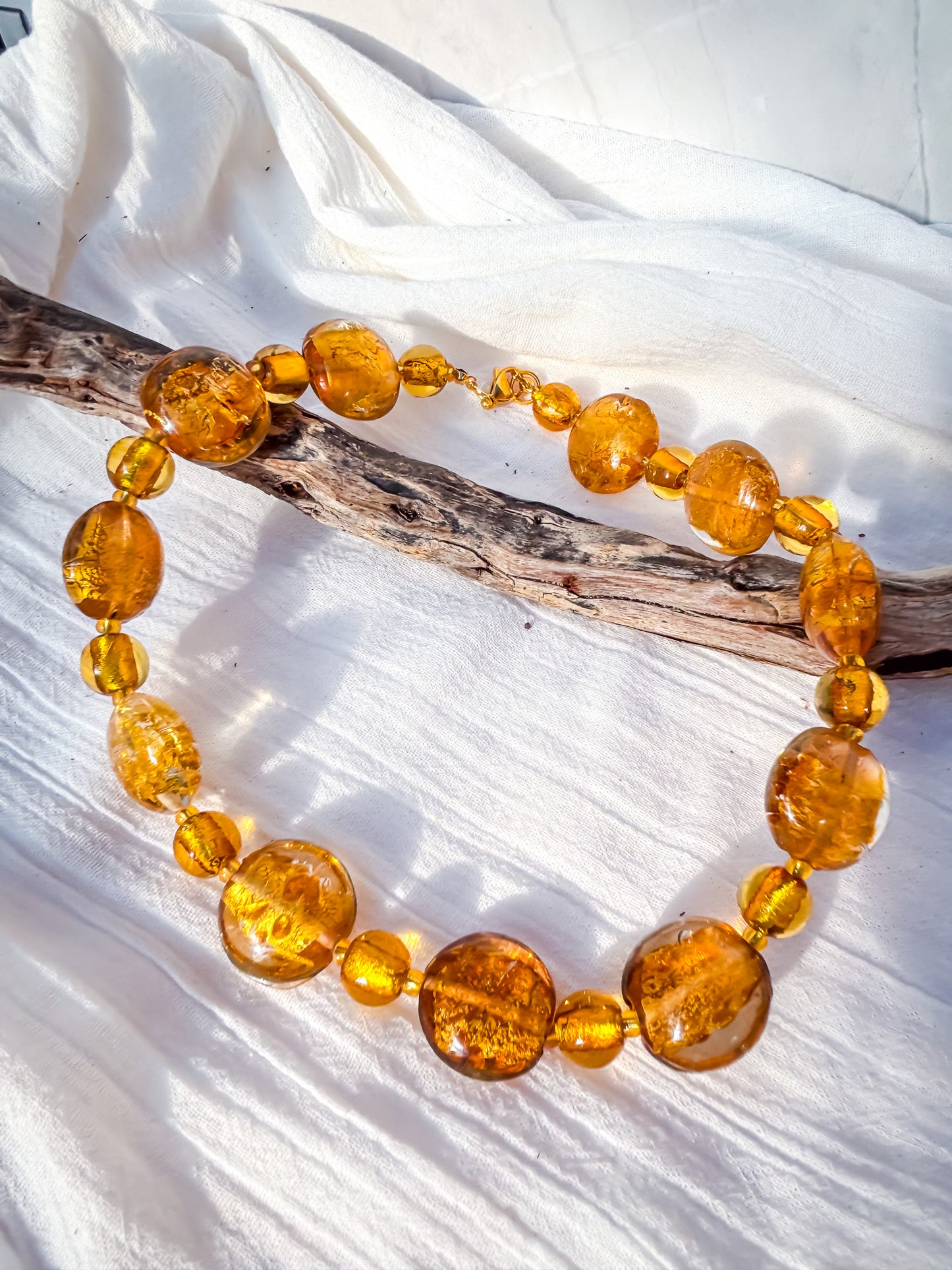 Venetian Handmade Round Disc Beads in Amber & Gold Necklace - Beadsmith