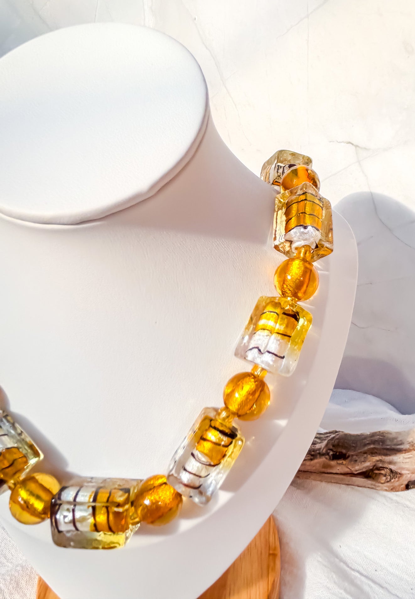 Rectangle Amber Striped Handmade Beaded Necklace with Round Gold Bead variation