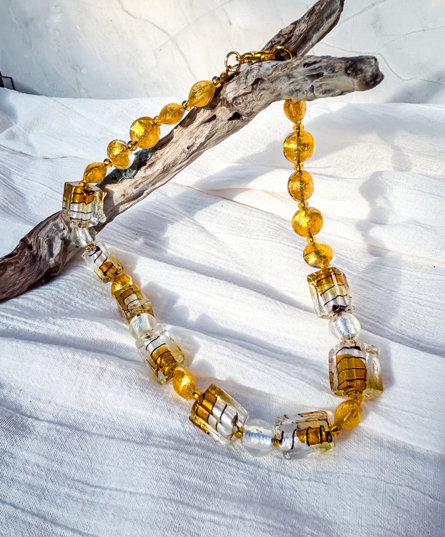 Rectangle Amber Striped Handmade Beaded Necklace with Round Gold Bead variation