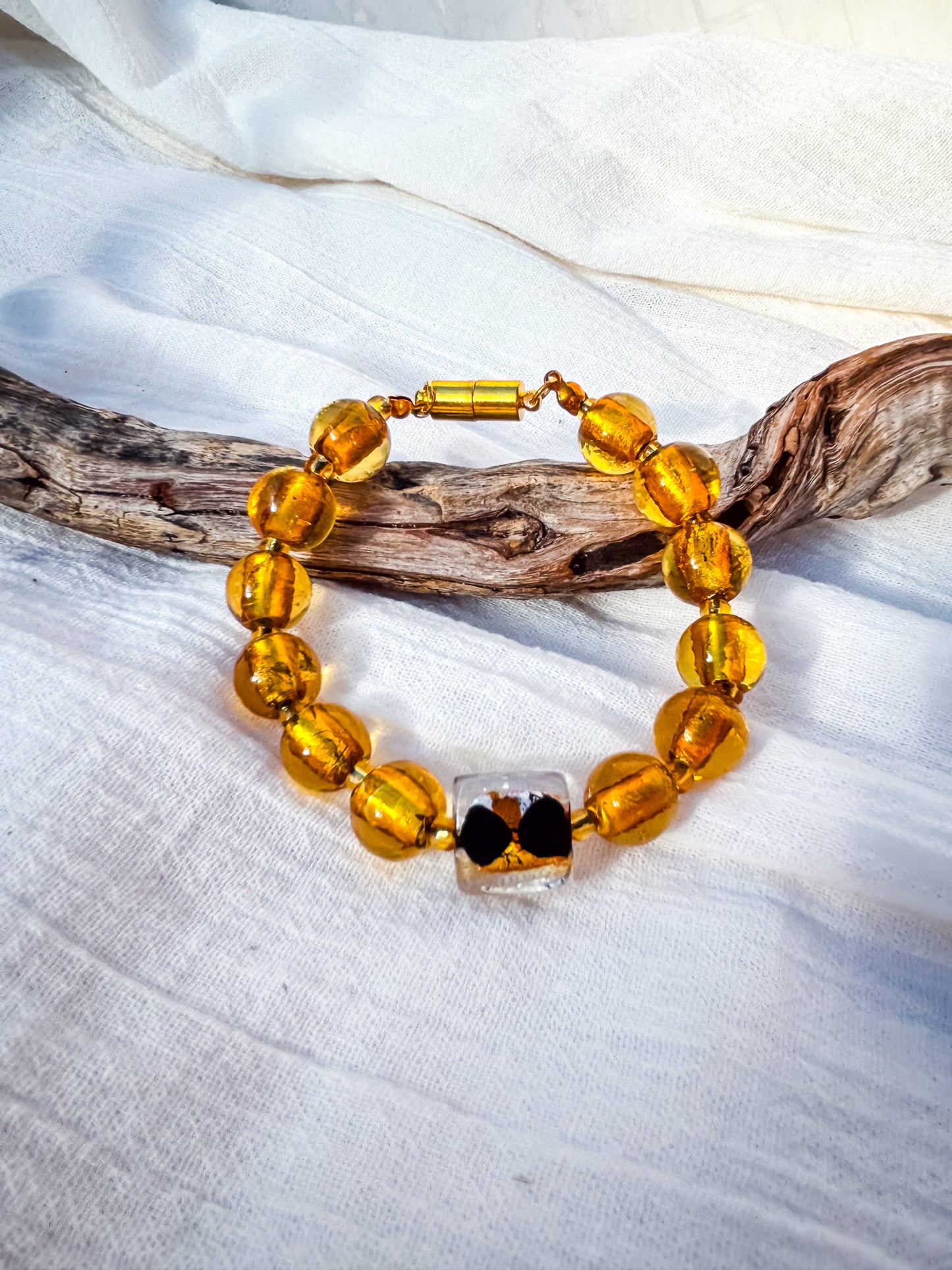 Amber Glass Bead Bracelet with Square Black & Clear Feature Bead