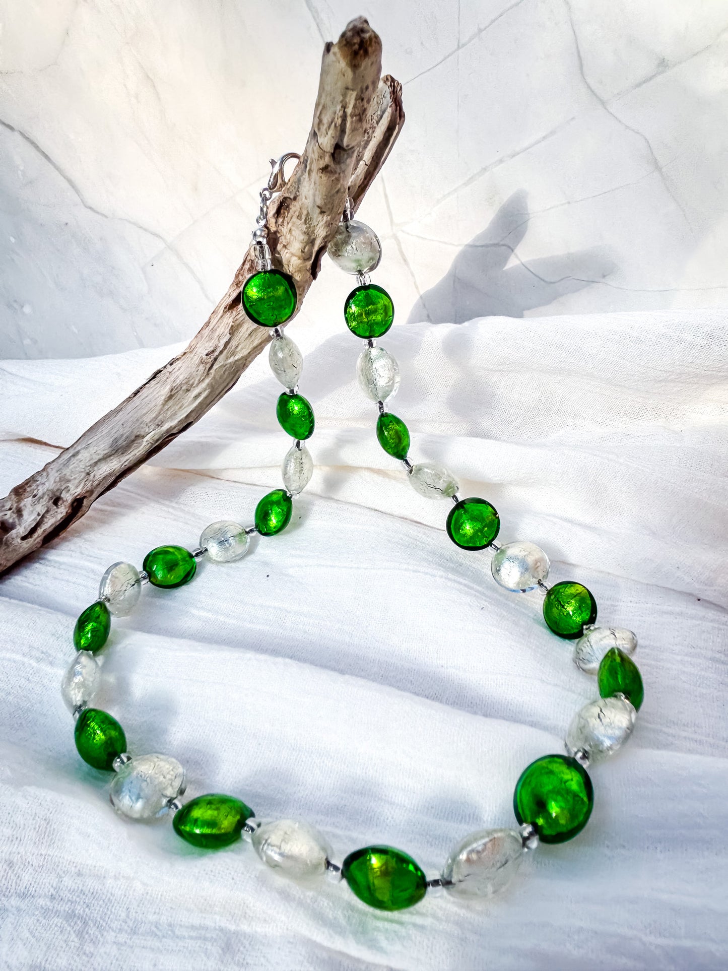 Green & Gold Disc Bead Necklace with Silver Foiled Accents