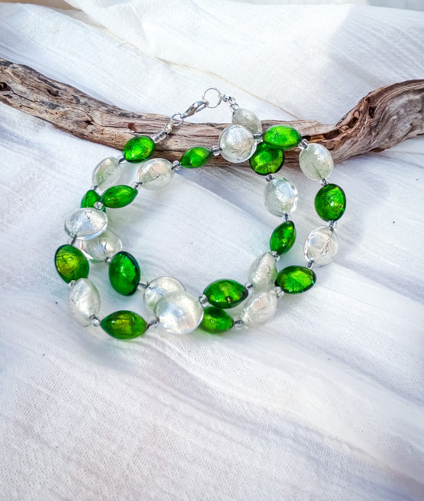 Green & Gold Disc Bead Necklace with Silver Foiled Accents
