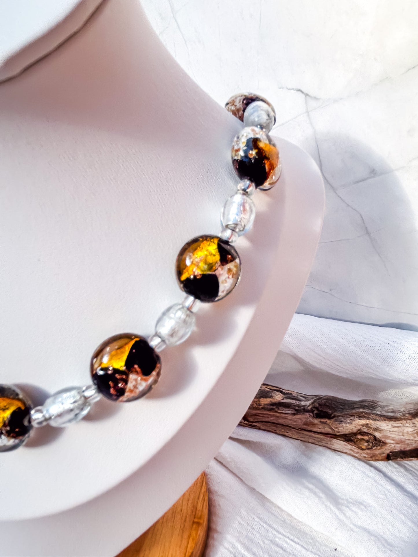 Round Multi-Coloured Disc Beads with Gold, Black & Foiled Silver Accents Necklace