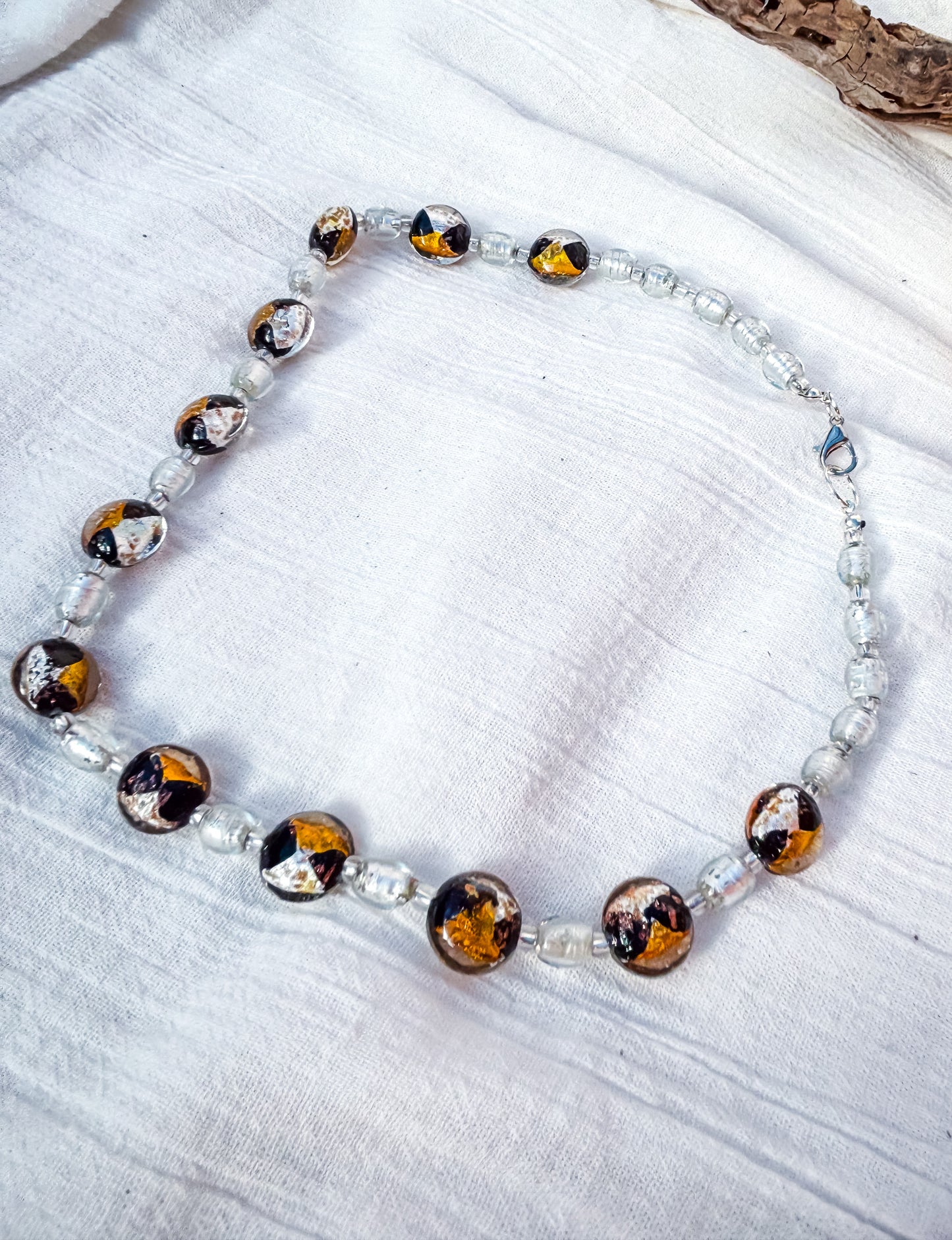 Round Multi-Coloured Disc Beads with Gold, Black & Foiled Silver Accents Necklace