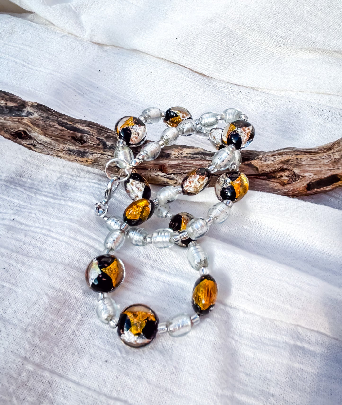 Round Multi-Coloured Disc Beads with Gold, Black & Foiled Silver Accents Necklace