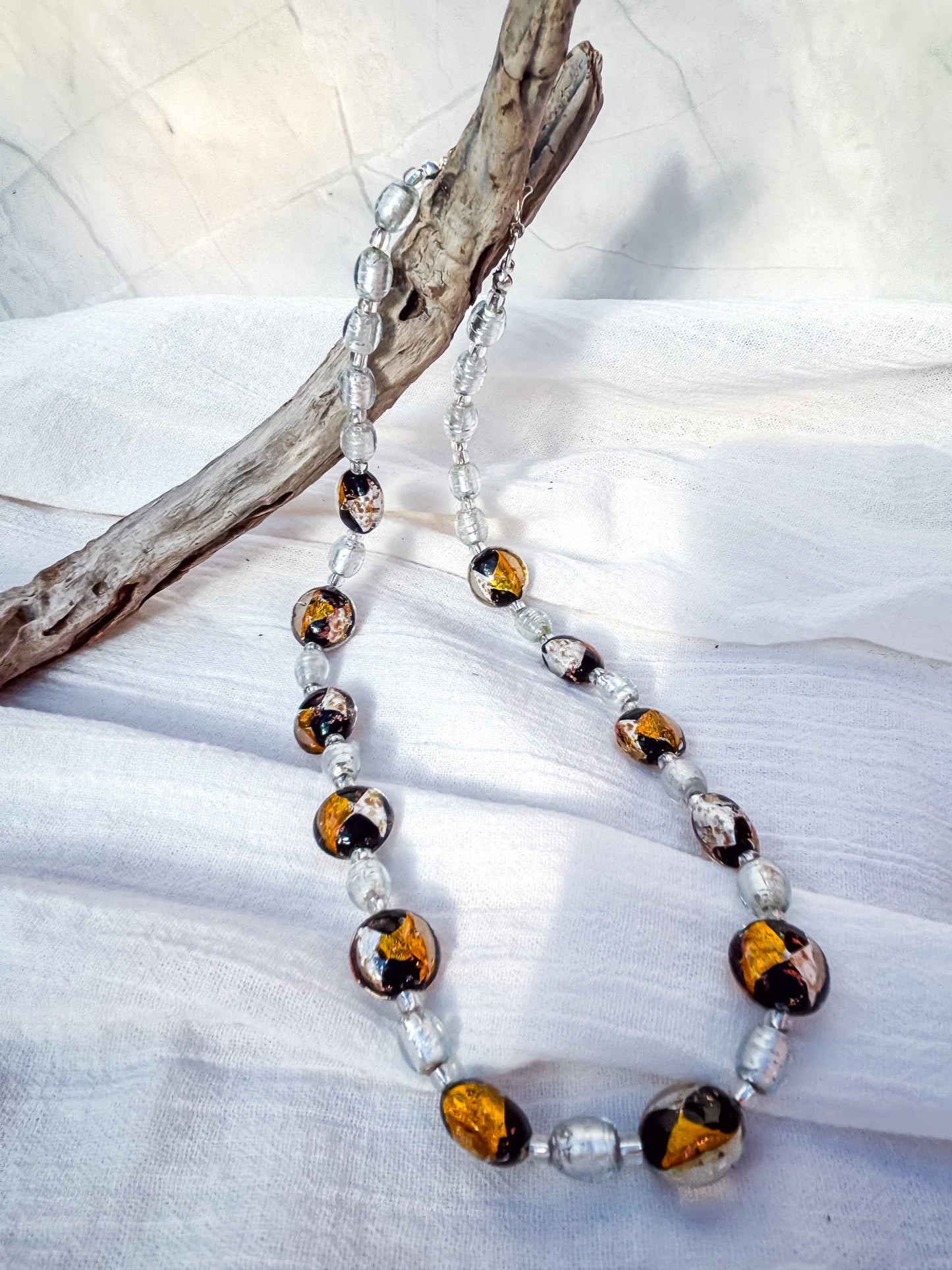 Round Multi-Coloured Disc Beads with Gold, Black & Foiled Silver Accents Necklace