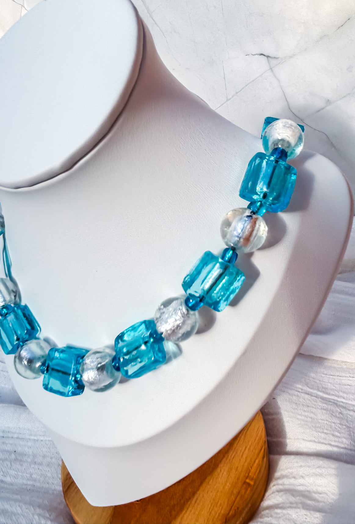 Teal and White Handmade Beaded Necklace - Beadsmith