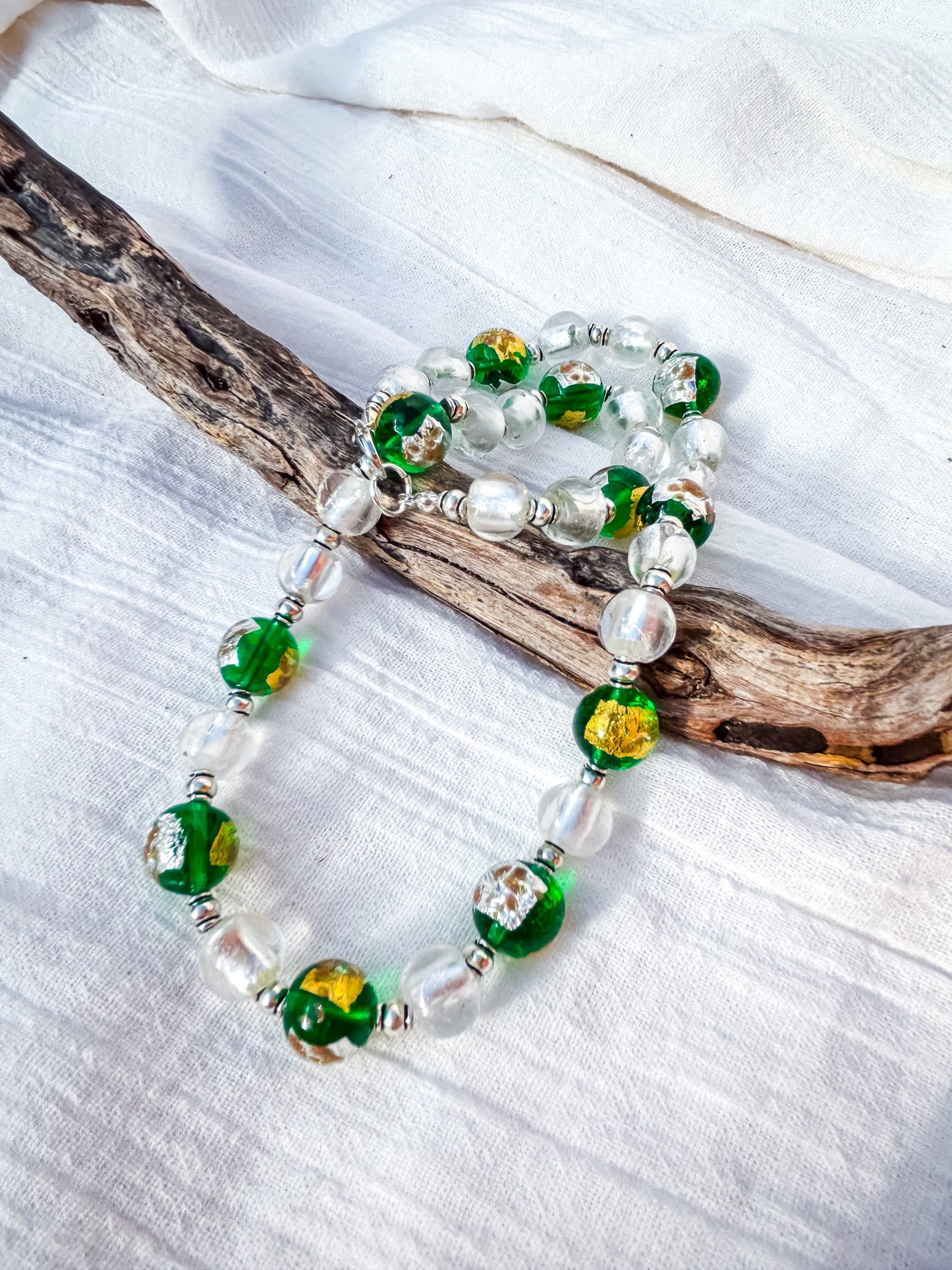 Round Disc Handmade Venetian Glass Beads in Silver & Green Necklace