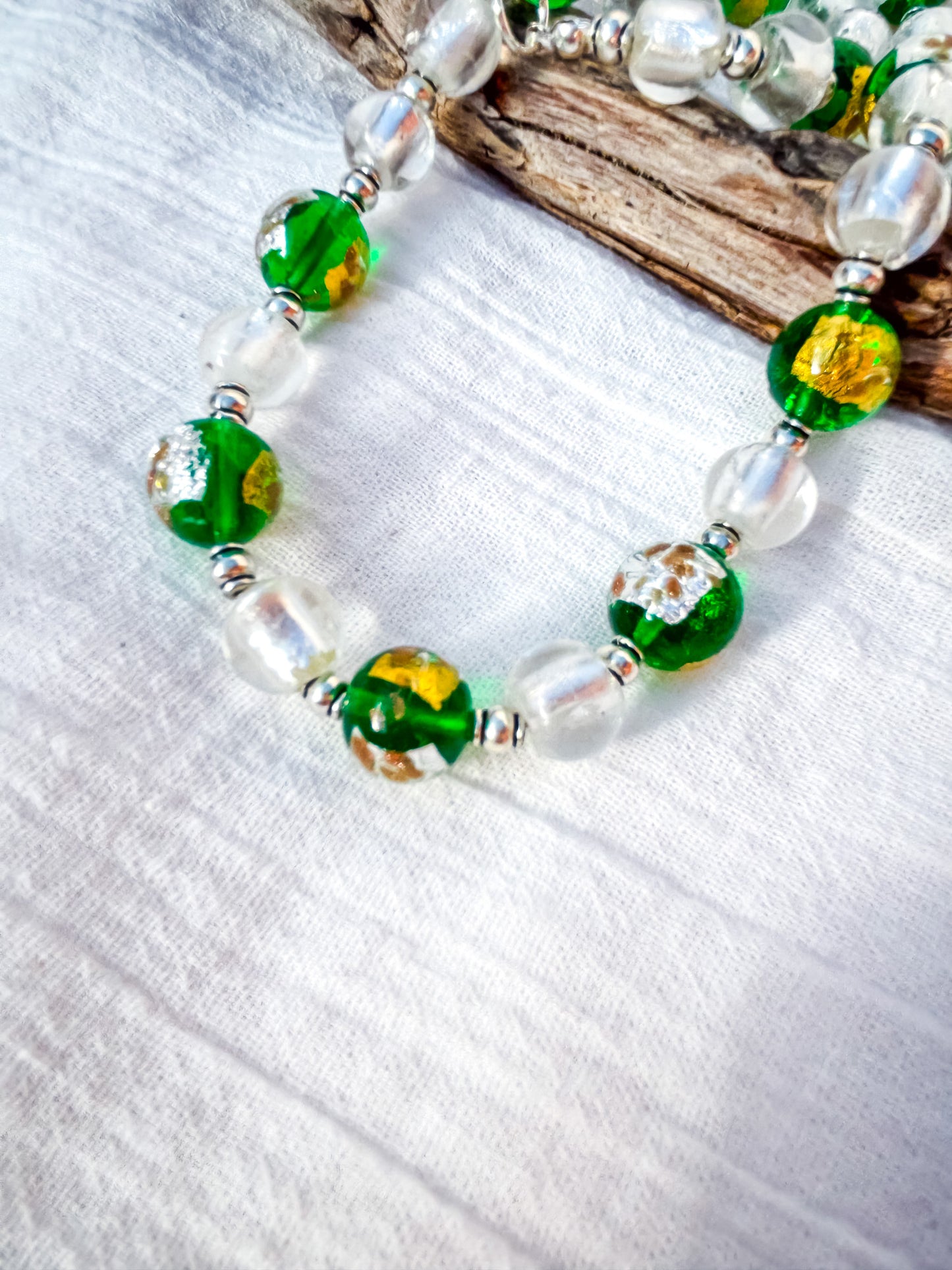 Round Disc Handmade Venetian Glass Beads in Silver & Green Necklace