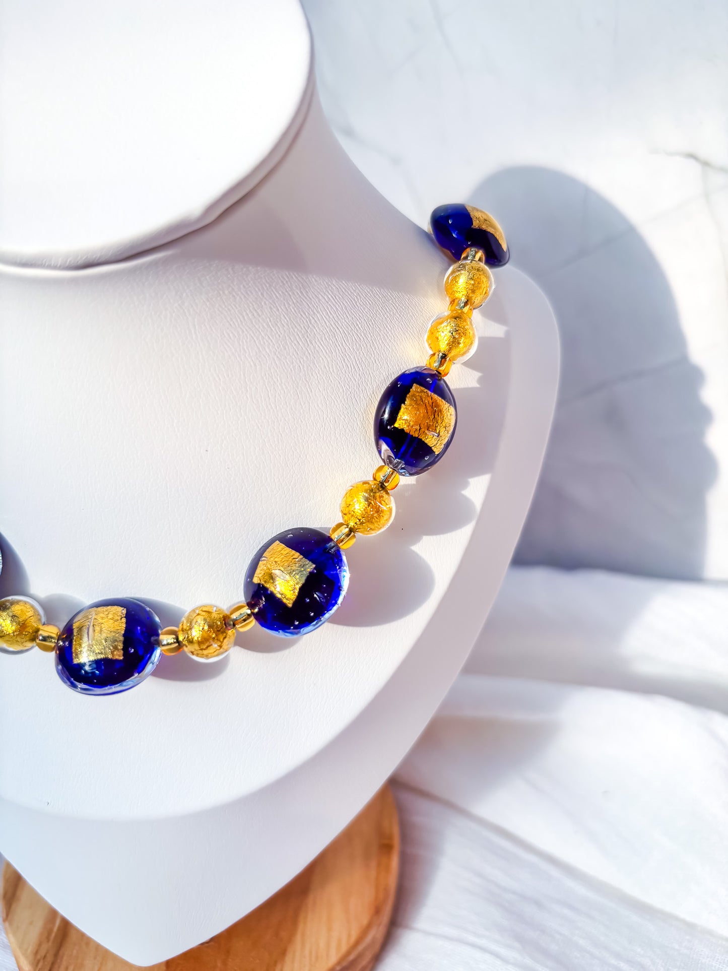 Foiled Gold Beaded Necklace with Navy & Gold Venetian Glass Feature Beads