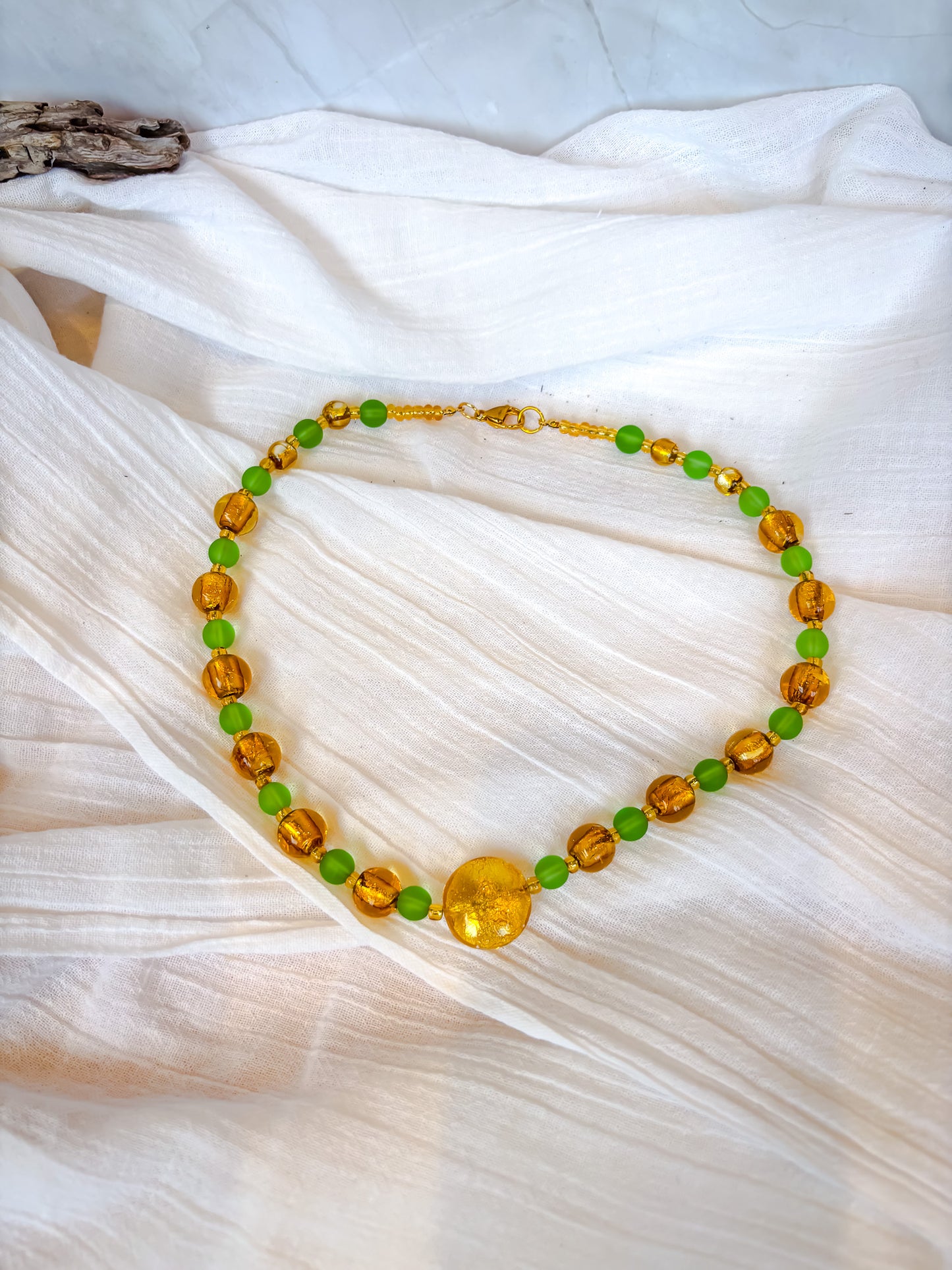 Handmade Green and Gold Beaded Necklace with stunning feature bead - Beadsmith