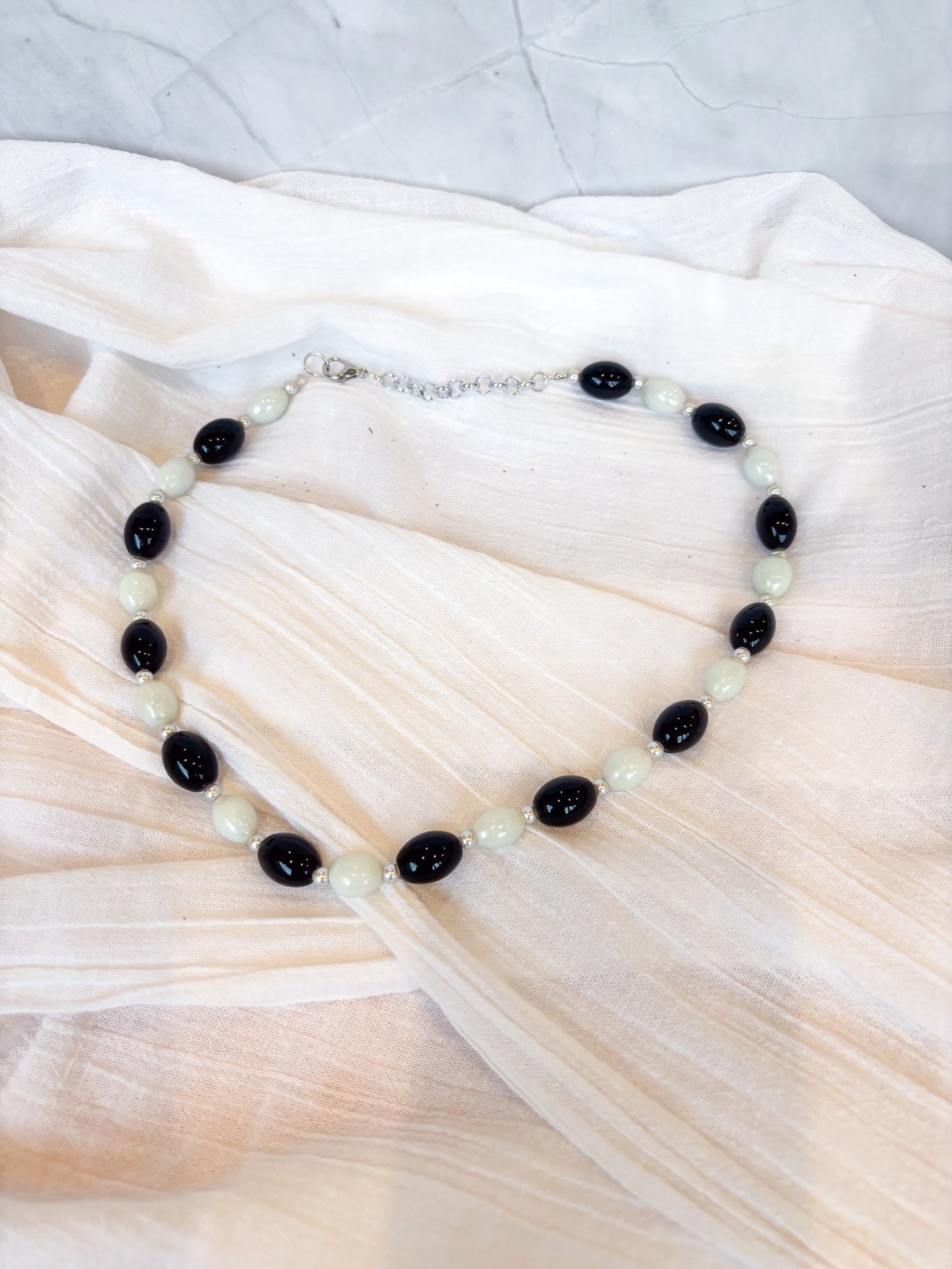 Handmade Black and White Oval Beaded Necklace - Beadsmith