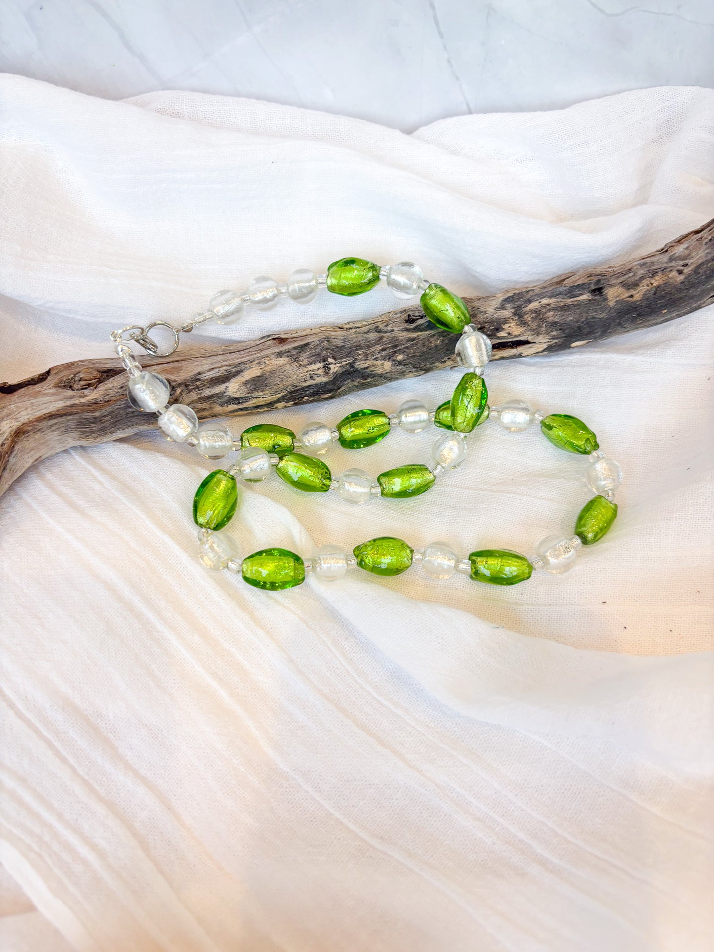 Handmade Green and Clear Oval Beaded Necklace - Beadsmith