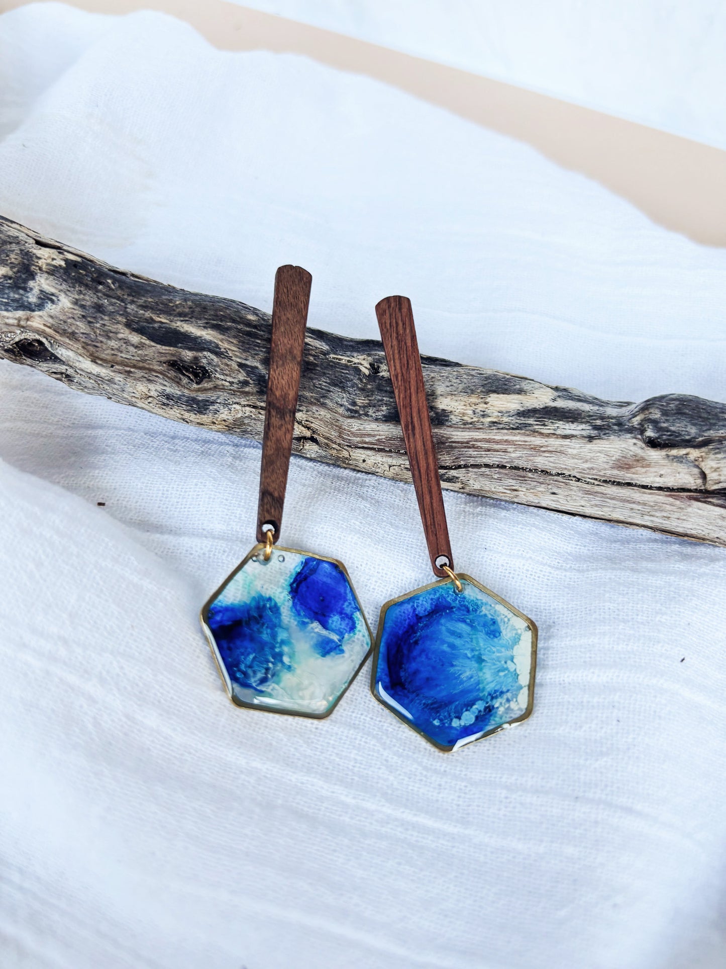 Artisanal Hexagonal Hoop Earrings with blue ink - Beadsmith