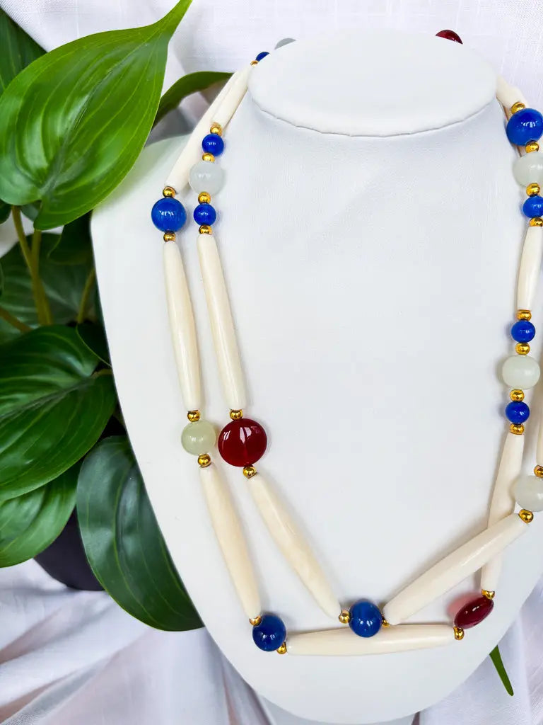 Blue, bone and red beaded long necklace - Beadsmith