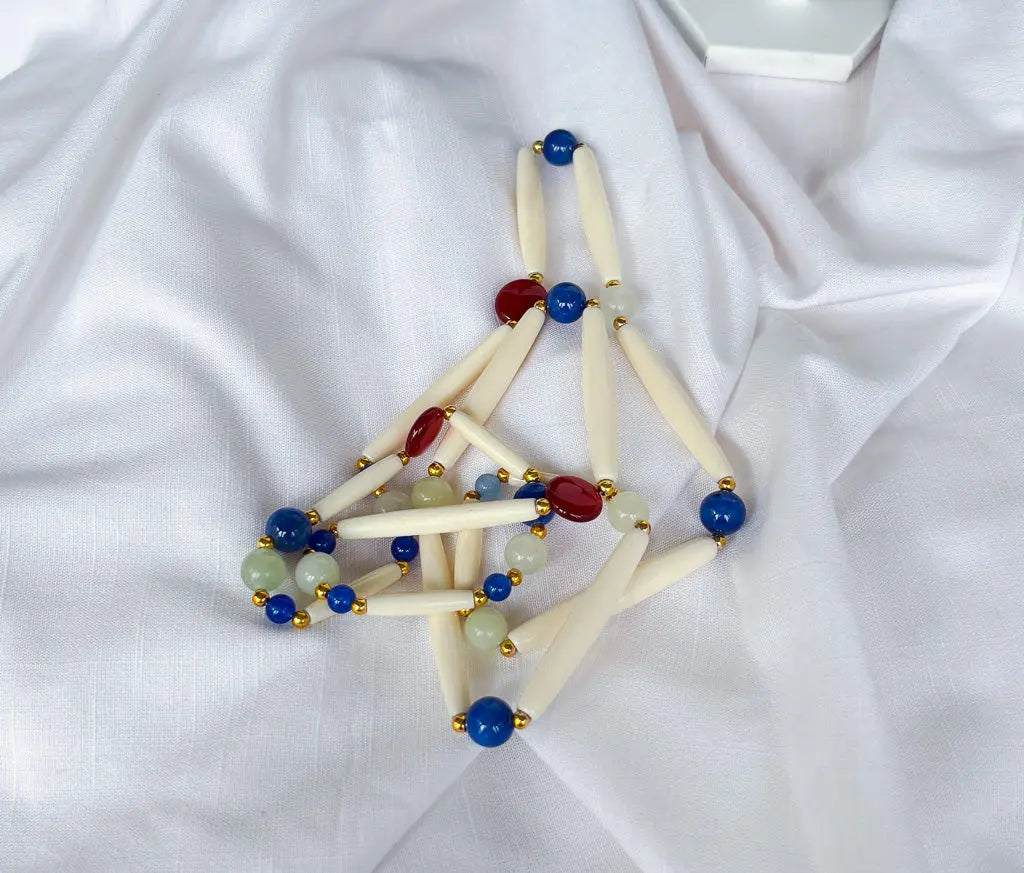 Blue, bone and red beaded long necklace - Beadsmith