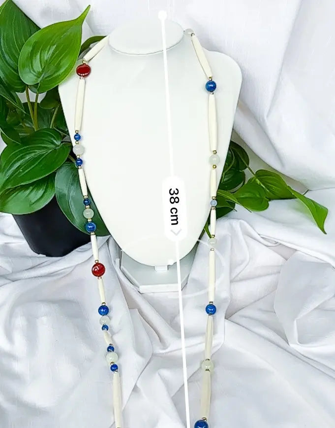 Blue, bone and red beaded long necklace - Beadsmith