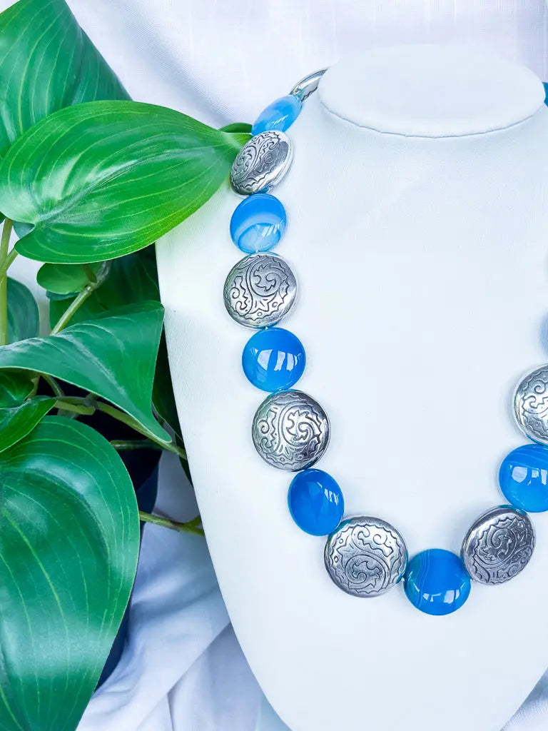 Blue Marbleised Disc Beads & Metal Discs Necklace - Beadsmith