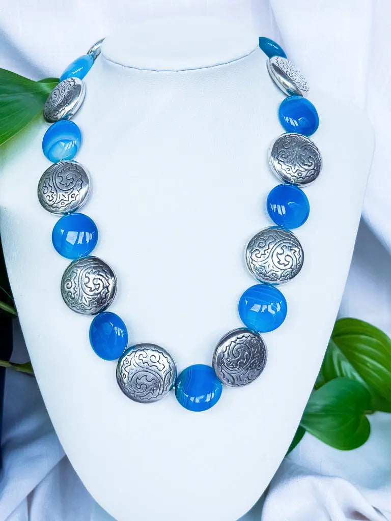 Blue Marbleised Disc Beads & Metal Discs Necklace - Beadsmith