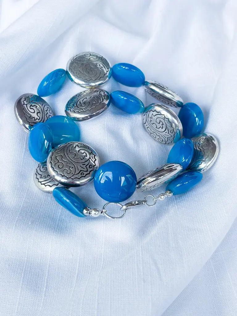 Blue Marbleised Disc Beads & Metal Discs Necklace - Beadsmith