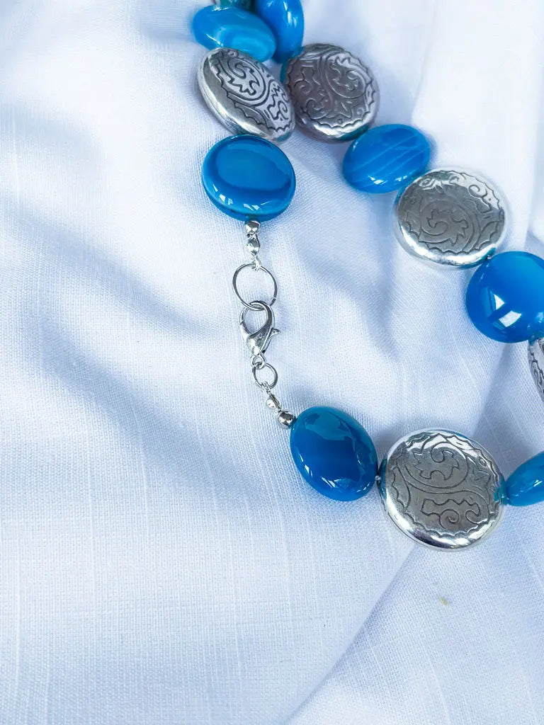 Blue Marbleised Disc Beads & Metal Discs Necklace - Beadsmith