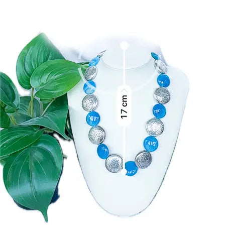 Blue Marbleised Disc Beads & Metal Discs Necklace - Beadsmith