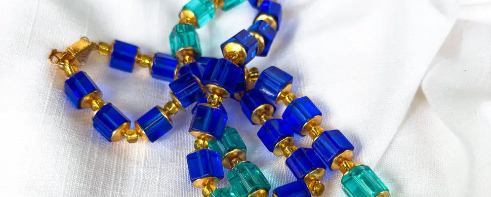 Fancy Square teal and blue beaded necklace - Beadsmith