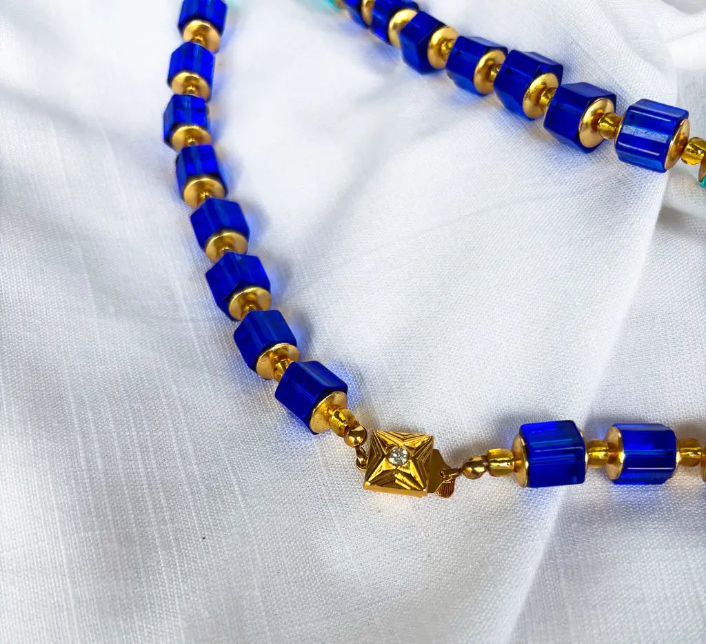 Fancy Square teal and blue beaded necklace - Beadsmith