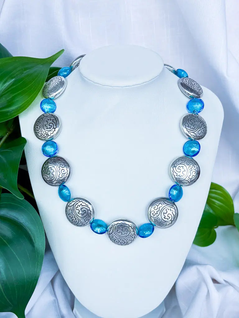 Hand made blue foil glass beads and metal discs necklace - Beadsmith