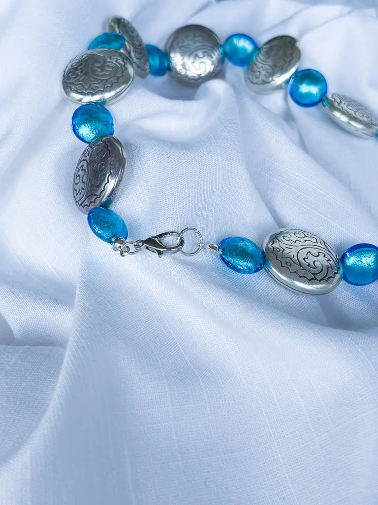 Hand made blue foil glass beads and metal discs necklace - Beadsmith