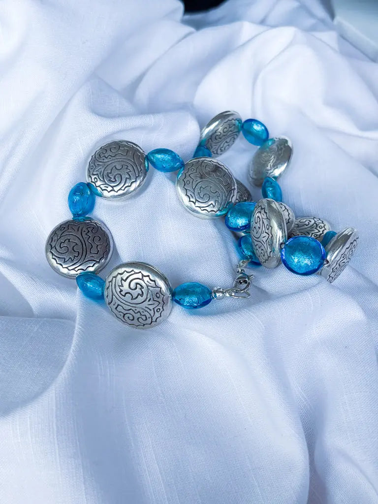 Hand made blue foil glass beads and metal discs necklace - Beadsmith