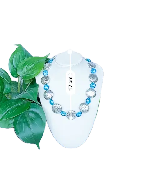 Hand made blue foil glass beads and metal discs necklace - Beadsmith
