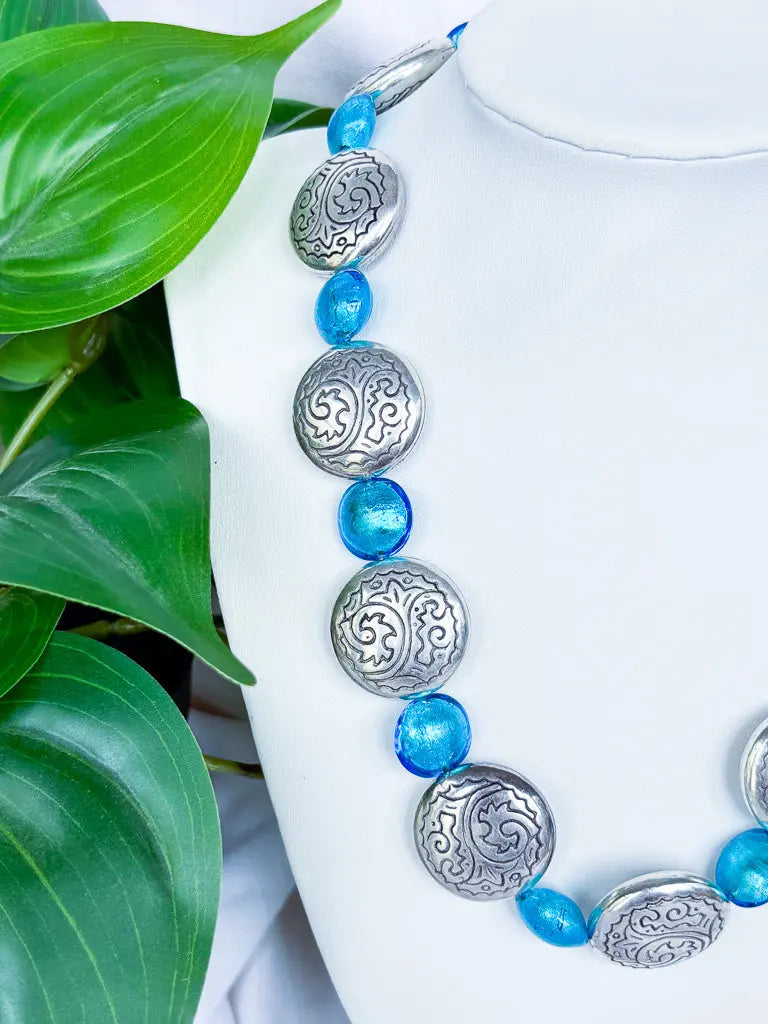 Light blue glass beads and metal discs necklace - Beadsmith