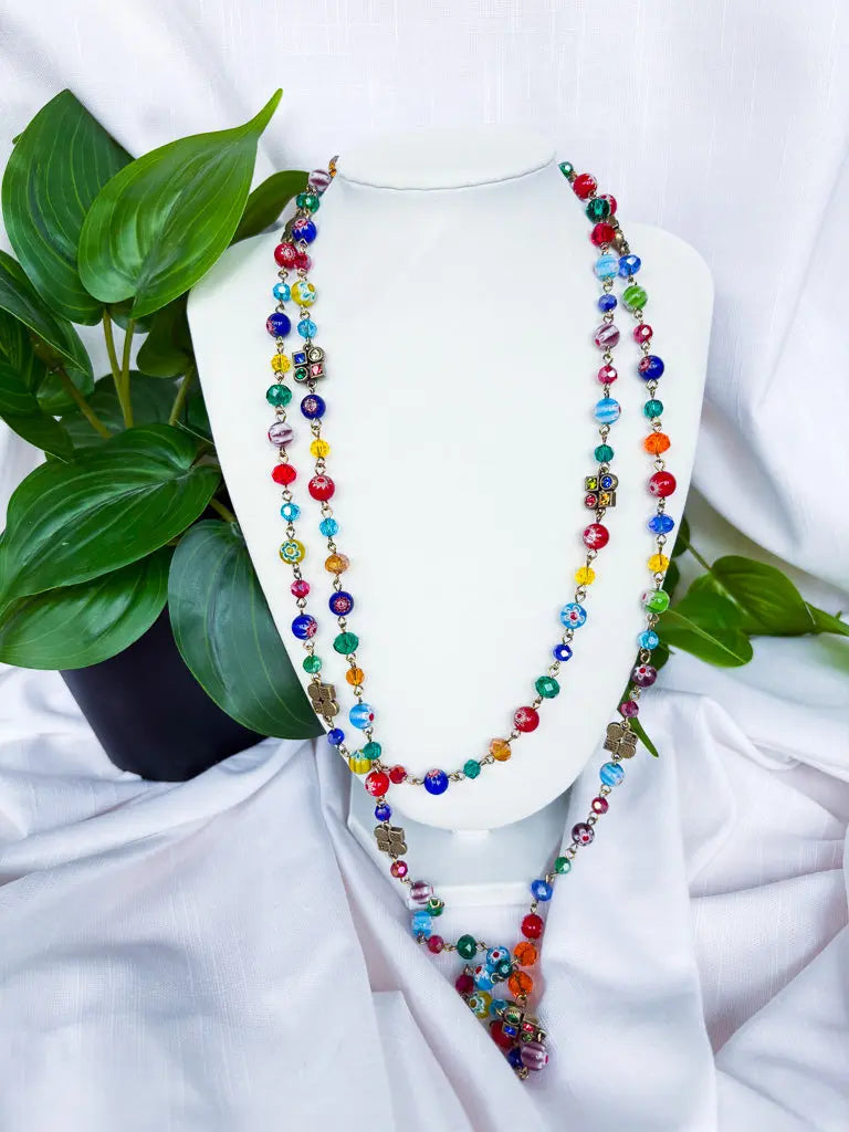 Rainbow crystals and chain extra long beaded necklace