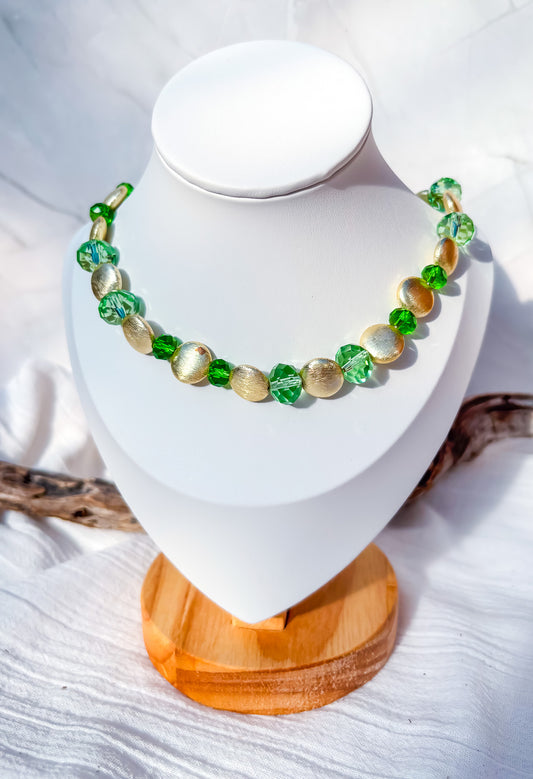 Green Crystal and Brushed Metal Gold Beaded Necklace - Beadsmith