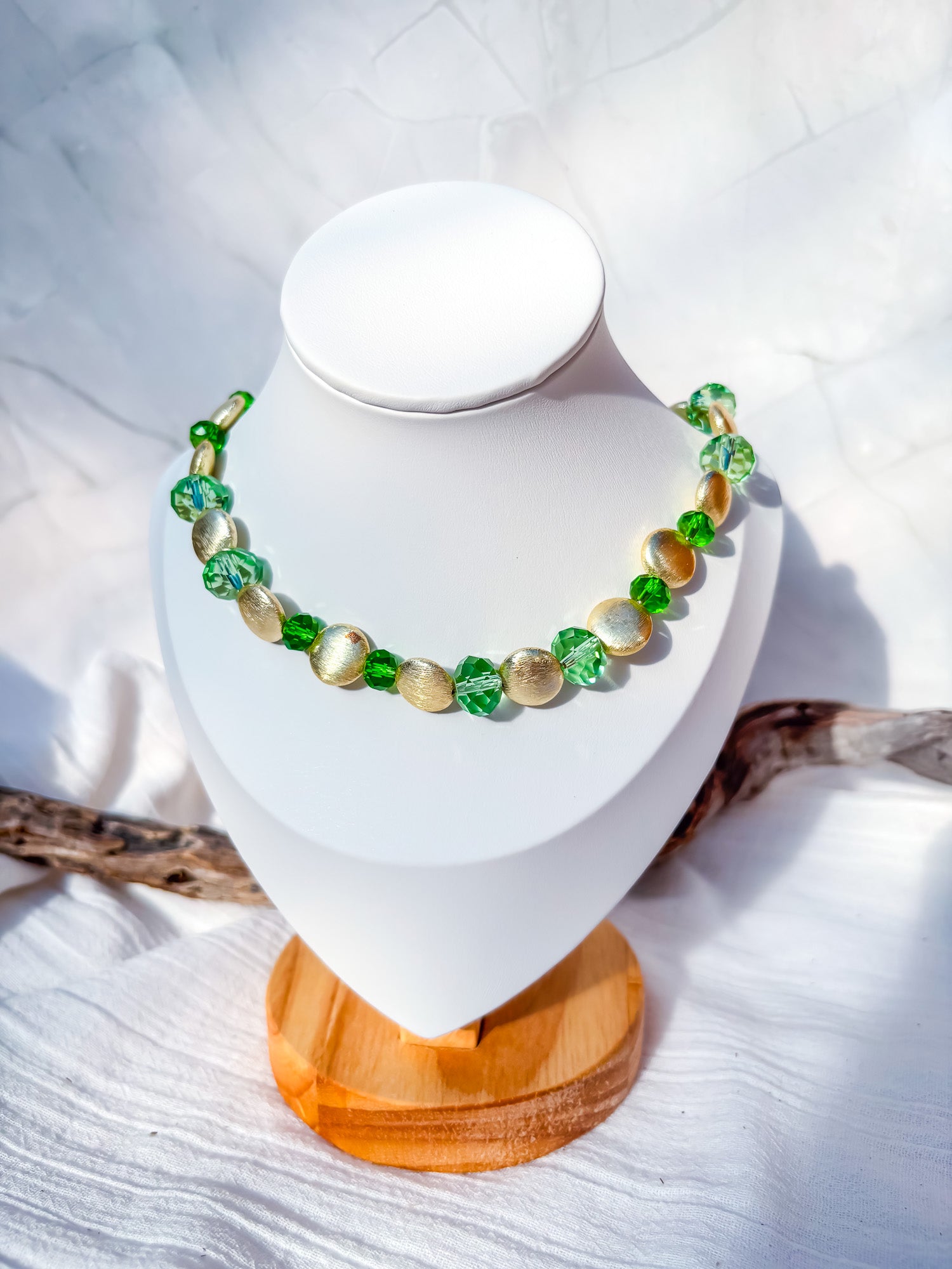 Green Crystal and Brushed Metal Gold Beaded Necklace - Beadsmith