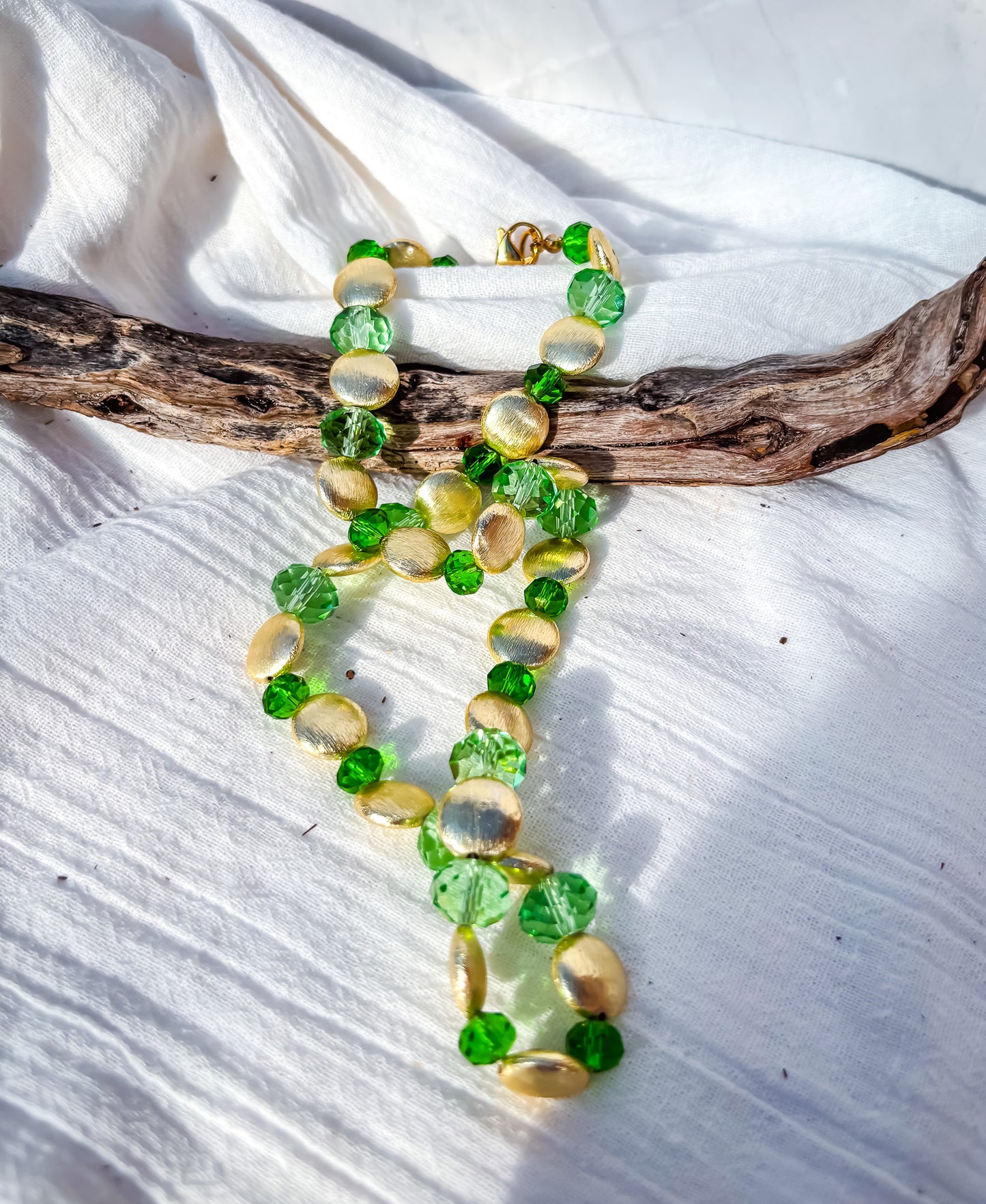 Green Crystal and Brushed Metal Gold Beaded Necklace - Beadsmith