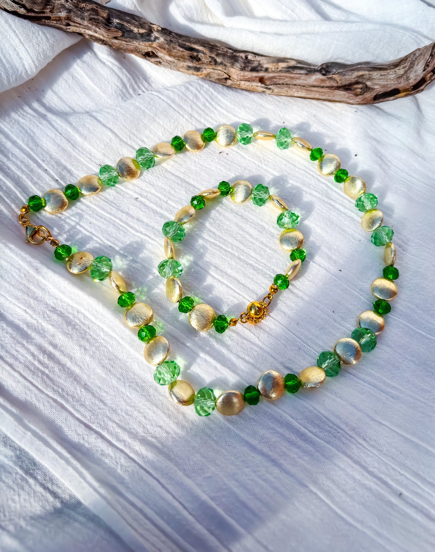 Green Crystal and Brushed Metal Gold Beaded Necklace - Beadsmith