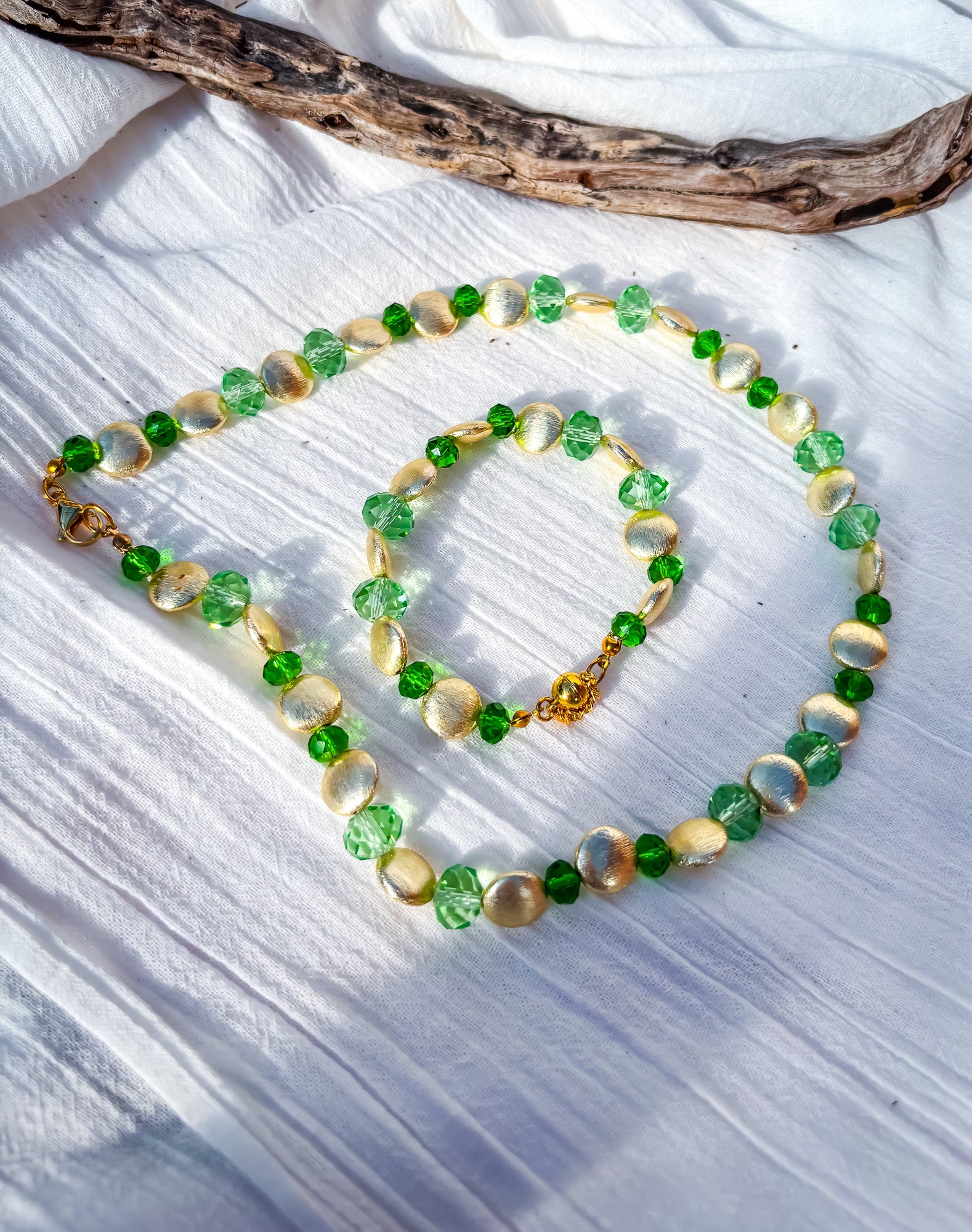 Green Crystal and Brushed Metal Gold Beaded Necklace - Beadsmith