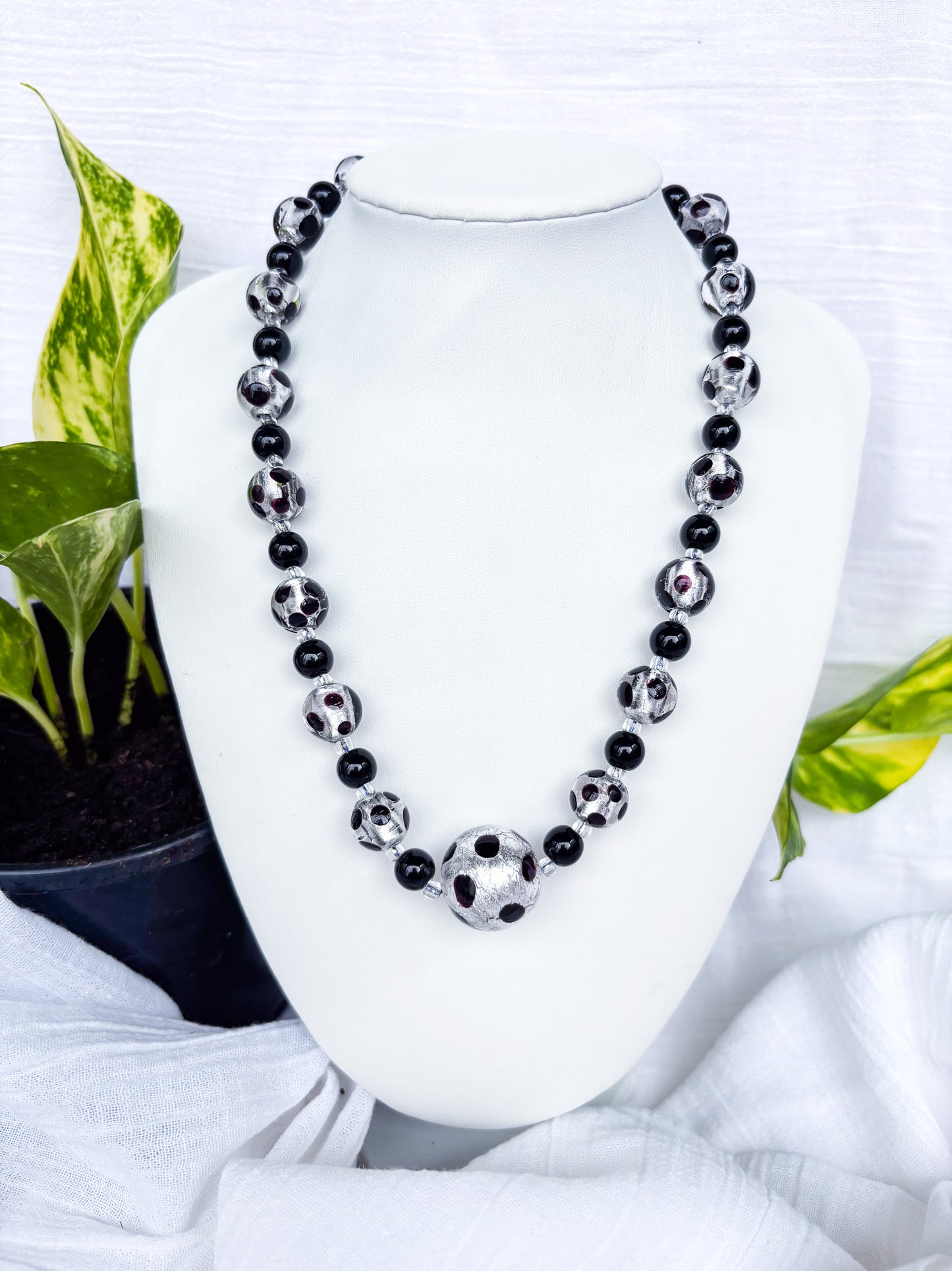 Handmade Black and Silver foil necklace with a stunning large feature bead - Beadsmith
