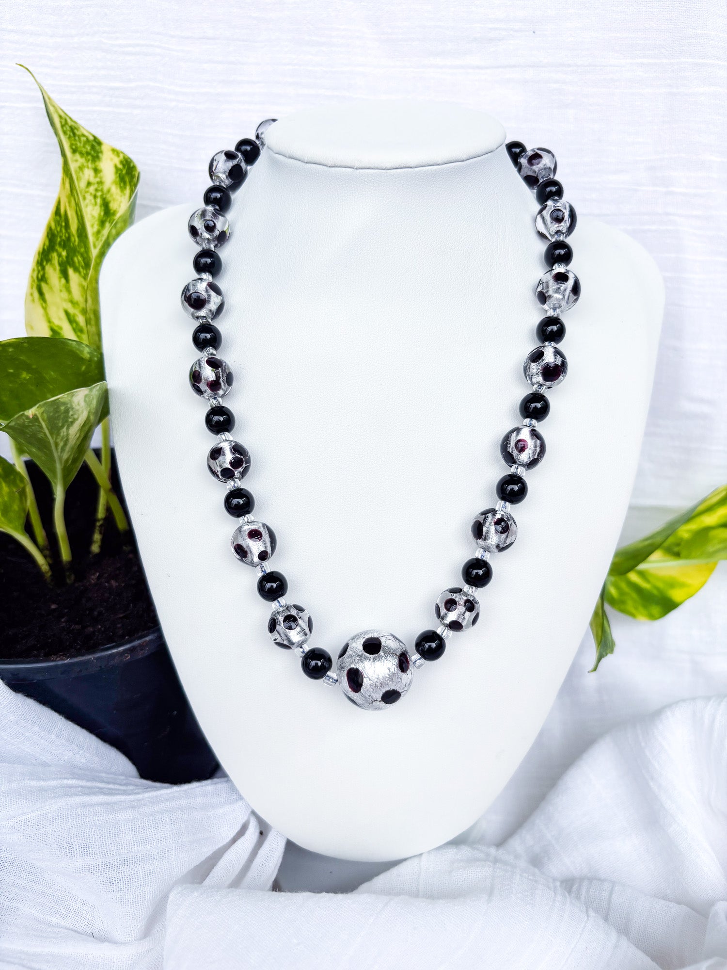 Handmade Black and Silver foil necklace with a stunning large feature bead - Beadsmith
