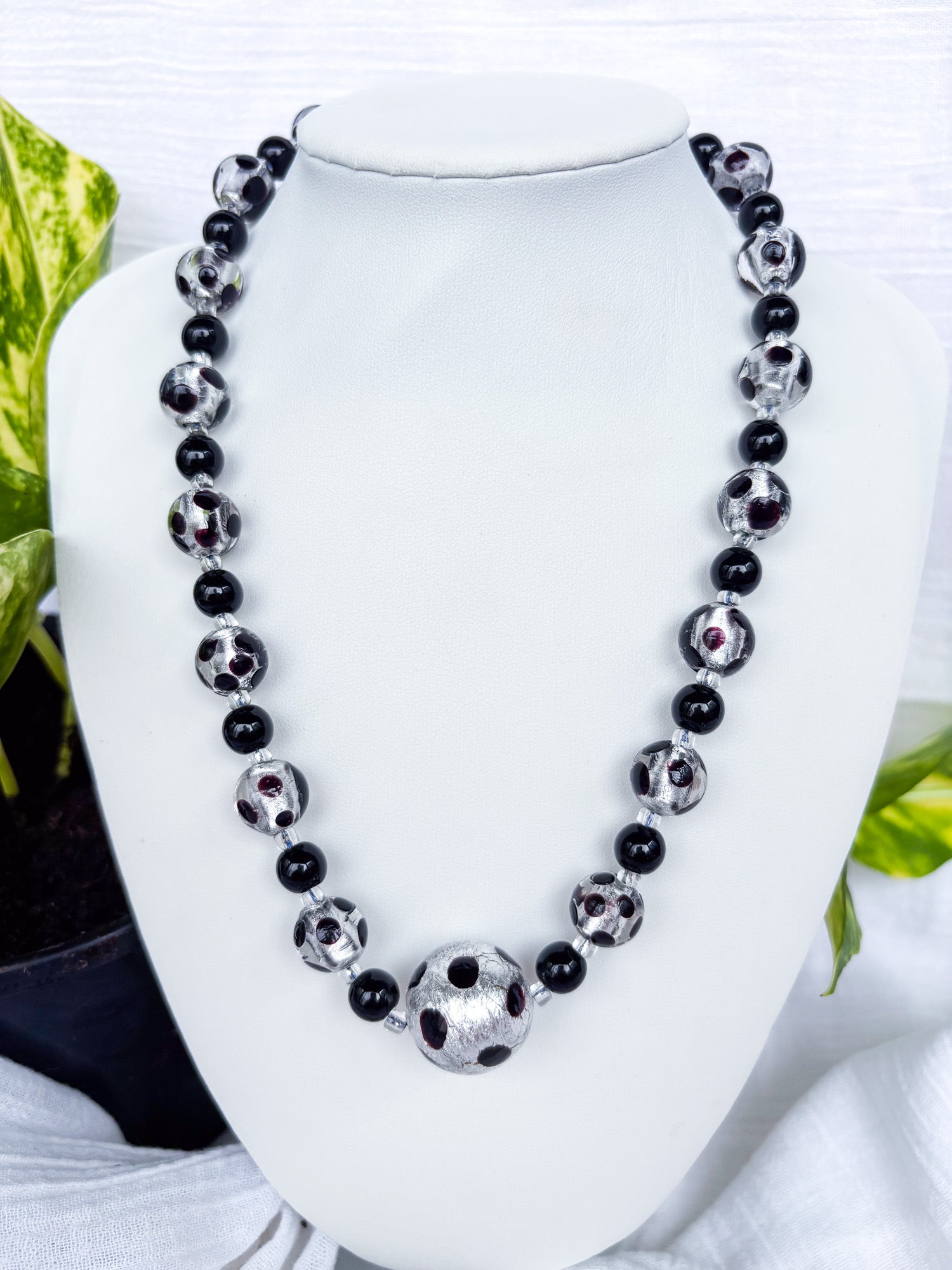 Handmade Black and Silver foil necklace with a stunning large feature bead - Beadsmith