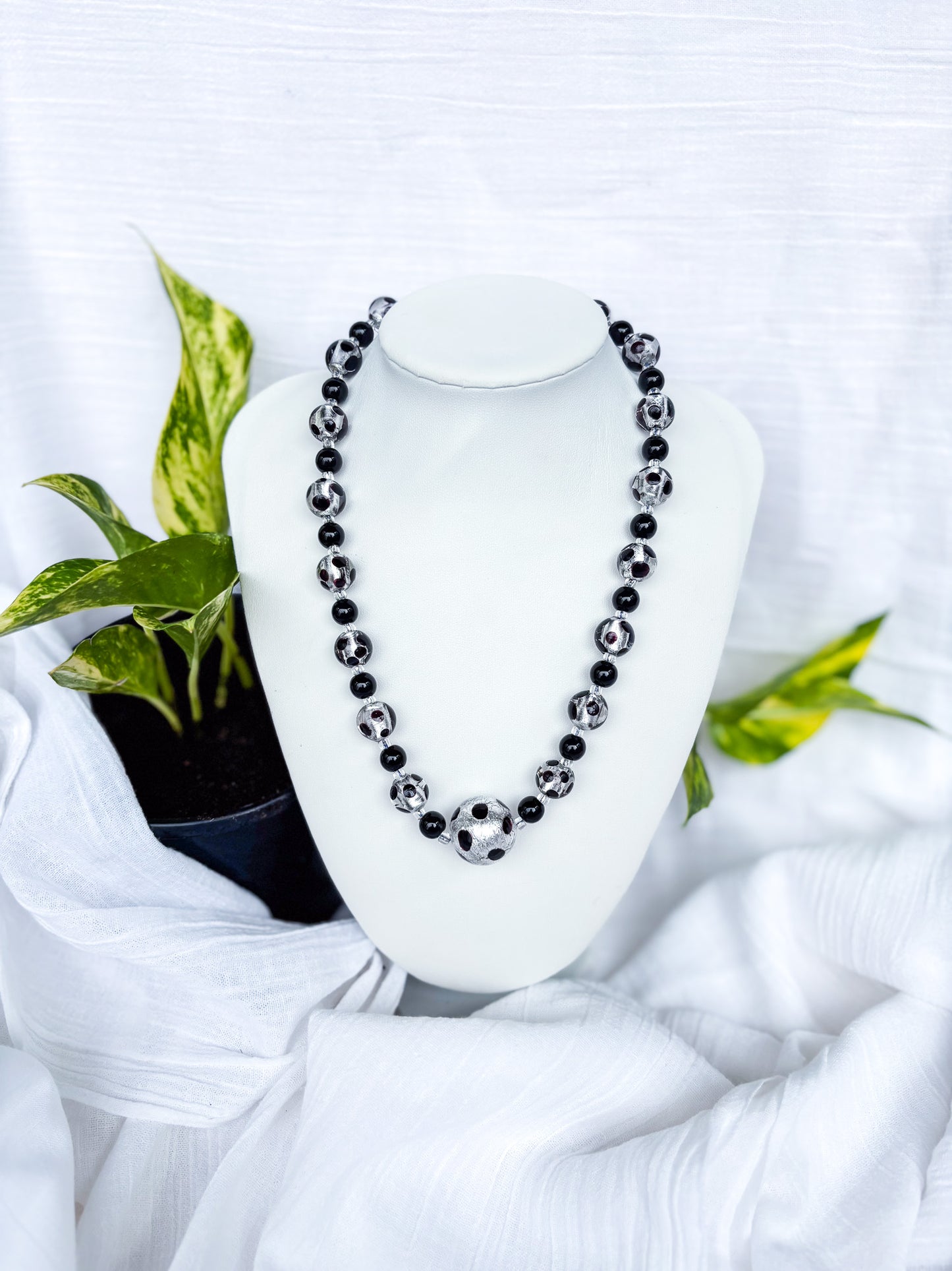 Handmade Black and Silver foil necklace with a stunning large feature bead - Beadsmith