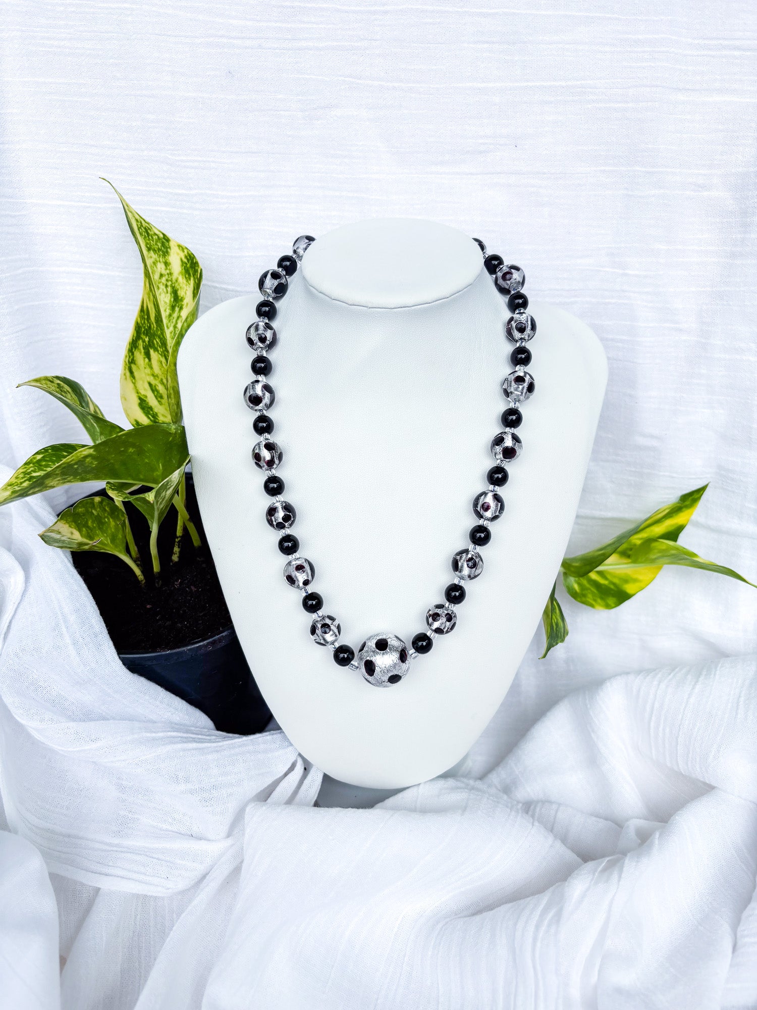 Handmade Black and Silver foil necklace with a stunning large feature bead - Beadsmith
